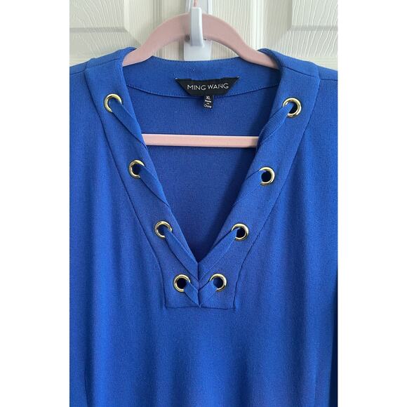 MING WANG Royal Blue Lace Grommet Soft Knit Sheath Dress - Picture 2 of 10